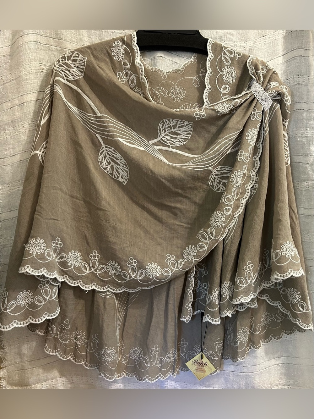 Rapti Fashion Embroidered Taupe Scarf Shawl with White Lace Detail